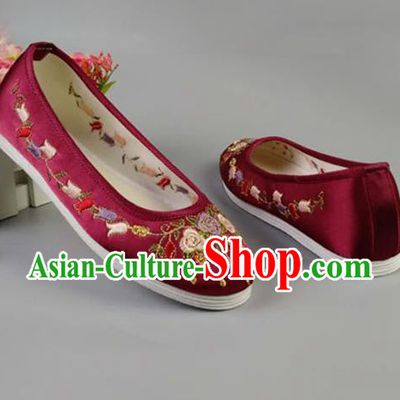 Asian Chinese Traditional Wine Red Satin Shoes Ancient Princess Embroidered Shoes Hanfu Shoes for Women