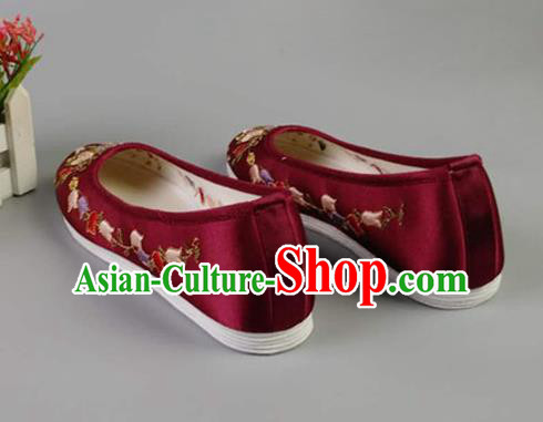 Asian Chinese Traditional Wine Red Satin Shoes Ancient Princess Embroidered Shoes Hanfu Shoes for Women Asian Chinese Traditional Wine Red Satin Shoes Ancient Princess Embroidered Shoes Hanfu Shoes for Women