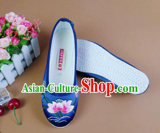 Asian Chinese National Embroidered Lotus Blue Shoes Ancient Princess Satin Shoes Traditional Hanfu Shoes for Women Asian Chinese National Embroidered Lotus Blue Shoes Ancient Princess Satin Shoes Traditional Hanfu Shoes for Women