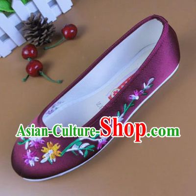 Asian Chinese National Embroidered Daisy Wine Red Shoes Ancient Princess Satin Shoes Traditional Hanfu Shoes for Women