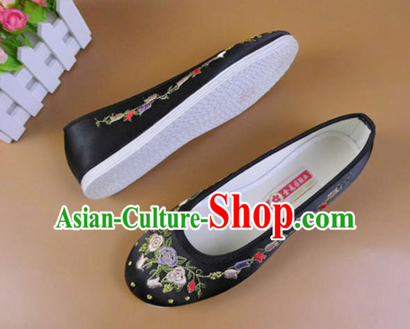 Asian Chinese National Embroidered Flowers Black Shoes Ancient Princess Satin Shoes Traditional Hanfu Shoes for Women