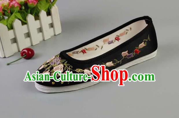 Asian Chinese Traditional Black Satin Shoes Ancient Princess Embroidered Shoes Hanfu Shoes for Women Asian Chinese Traditional Black Satin Shoes Ancient Princess Embroidered Shoes Hanfu Shoes for Women