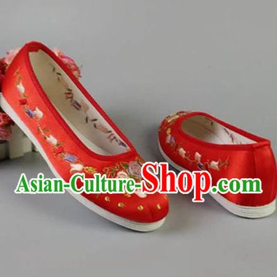 Asian Chinese Traditional Red Satin Shoes Ancient Princess Embroidered Shoes Hanfu Shoes for Women