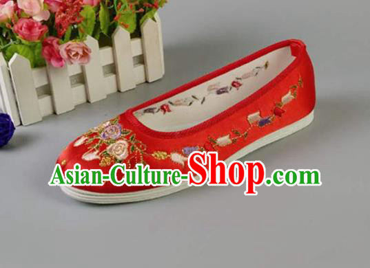 Asian Chinese Traditional Red Satin Shoes Ancient Princess Embroidered Shoes Hanfu Shoes for Women