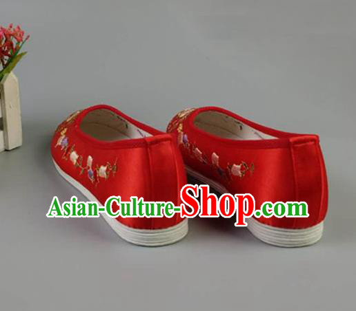 Asian Chinese Traditional Red Satin Shoes Ancient Princess Embroidered Shoes Hanfu Shoes for Women
