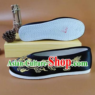 Asian Chinese National Black Shoes Ancient Princess Embroidered Dragon Shoes Traditional Hanfu Shoes for Women