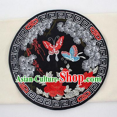 Chinese Ancient Handmade Embroidered Butterfly Peony Black Patch Traditional Embroidery Appliqu Craft for Women