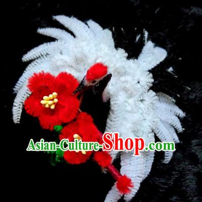 Chinese Ancient Qing Dynasty Court Velvet Crane Hairpins Traditional Hanfu Handmade Hair Accessories for Women