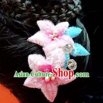 Chinese Ancient Qing Dynasty Court Pink Velvet Peach Flowers Hairpins Traditional Hanfu Handmade Hair Accessories for Women