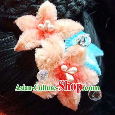 Chinese Ancient Qing Dynasty Court Orange Velvet Peach Flowers Hairpins Traditional Hanfu Handmade Hair Accessories for Women