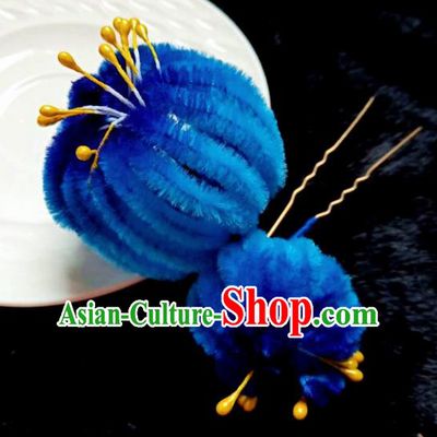 Chinese Ancient Qing Dynasty Court Royalblue Velvet Chrysanthemum Hairpins Traditional Hanfu Handmade Hair Accessories for Women