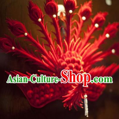Handmade Chinese Ancient Qing Dynasty Red Velvet Phoenix Hairpins Traditional Court Hanfu Hair Accessories for Women