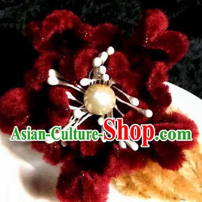 Handmade Chinese Ancient Qing Dynasty Wine Red Velvet Chrysanthemum Hairpins Traditional Court Hanfu Hair Accessories for Women