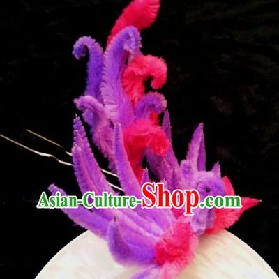 Handmade Chinese Ancient Qing Dynasty Purple Velvet Phoenix Hairpins Traditional Court Hanfu Hair Accessories for Women