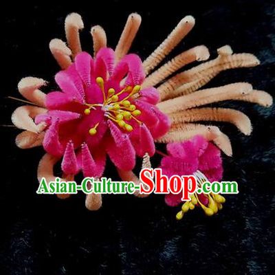 Chinese Ancient Qing Dynasty Rosy Velvet Chrysanthemum Hairpins Traditional Court Hanfu Hair Accessories for Women
