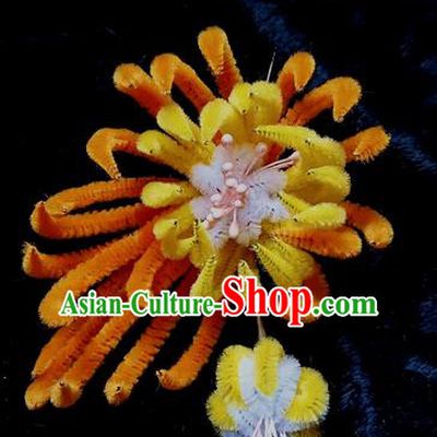 Chinese Handmade Qing Dynasty Orange Velvet Chrysanthemum Hairpins Traditional Ancient Court Hanfu Hair Accessories for Women