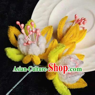 Chinese Handmade Qing Dynasty Court Yellow Velvet Forsythia Hairpins Traditional Ancient Hanfu Hair Accessories for Women