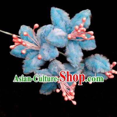 Chinese Handmade Qing Dynasty Court Blue Velvet Campsis Hairpins Traditional Ancient Hanfu Hair Accessories for Women