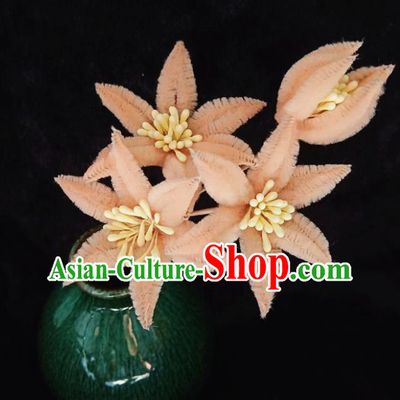 Chinese Handmade Qing Dynasty Court Peachy Velvet Lily Flowers Hairpins Traditional Ancient Hanfu Hair Accessories for Women