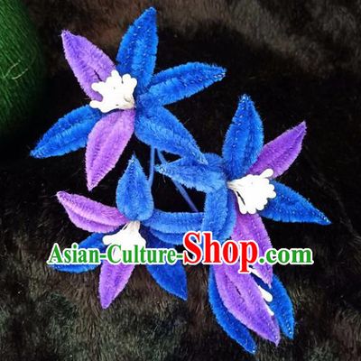 Chinese Handmade Qing Dynasty Court Blue Velvet Lily Flowers Hairpins Traditional Ancient Hanfu Hair Accessories for Women