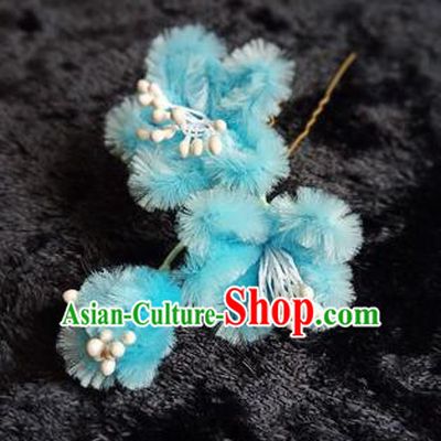 Chinese Handmade Qing Dynasty Court Blue Velvet Plum Hairpins Traditional Ancient Hanfu Hair Accessories for Women