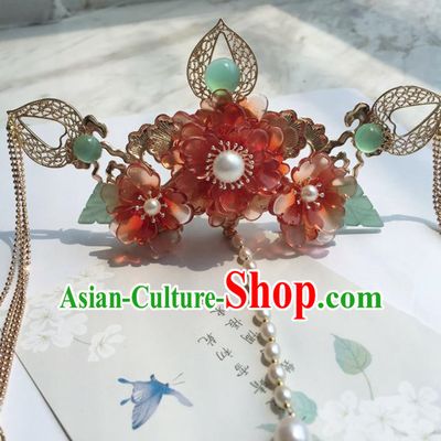 Chinese Handmade Ancient Red Peony Hair Crown Hairpins Traditional Hanfu Hair Accessories for Women