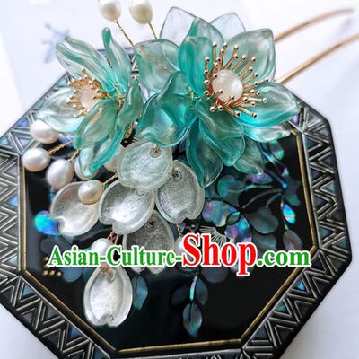 Chinese Ancient Princess Green Peach Flower Hairpins Traditional Handmade Hanfu Hair Accessories for Women
