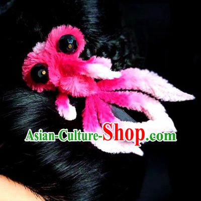 Chinese Ancient Court Rosy Velvet Goldfish Hair Claw Hairpins Traditional Hanfu Handmade Hair Accessories for Women