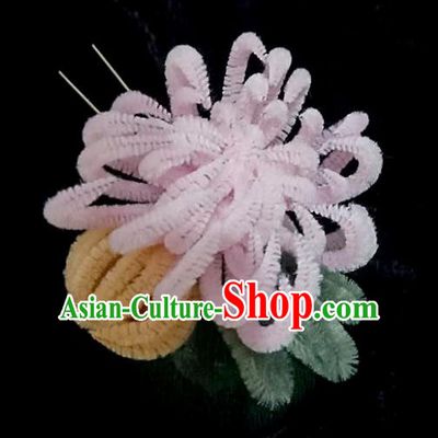 Chinese Ancient Qing Dynasty Court Pink Velvet Chrysanthemum Hairpins Traditional Hanfu Handmade Hair Accessories for Women