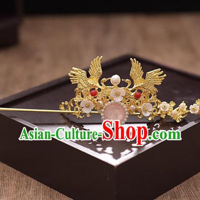 Chinese Ancient Bride Golden Crane Hairdo Crown Hairpins Traditional Hanfu Wedding Hair Accessories for Women