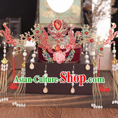 Chinese Ancient Bride Red Phoenix Coronet Hairpins Traditional Hanfu Wedding Hair Accessories for Women