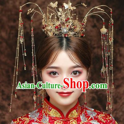 Chinese Ancient Bride Phoenix Coronet Hairpins Traditional Hanfu Wedding Hair Accessories for Women