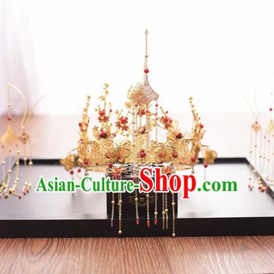 Chinese Ancient Bride Golden Butterfly Phoenix Coronet Hairpins Traditional Hanfu Wedding Hair Accessories for Women