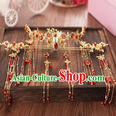 Chinese Ancient Bride Red Crystal Phoenix Coronet Hairpins Traditional Hanfu Wedding Hair Accessories for Women