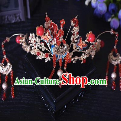 Chinese Ancient Bride Red Phoenix Coronet Hairpins Traditional Hanfu Wedding Hair Accessories for Women