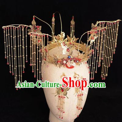 Chinese Ancient Bride Tassel Phoenix Coronet Hairpins Traditional Hanfu Wedding Hair Accessories for Women