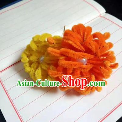 Chinese Ancient Court Orange and Yellow Velvet Chrysanthemum Hairpins Traditional Hanfu Handmade Hair Accessories for Women