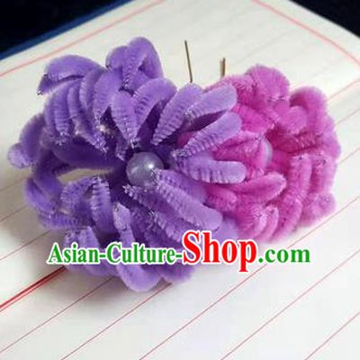 Chinese Ancient Court Purple and Rosy Velvet Chrysanthemum Hairpins Traditional Hanfu Handmade Hair Accessories for Women