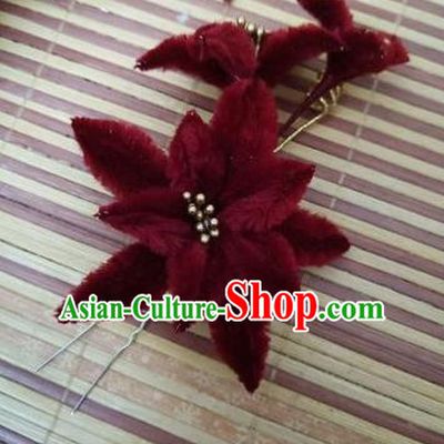 Chinese Ancient Court Wine Red Velvet Lily Flowers Hairpins Traditional Hanfu Handmade Hair Accessories for Women