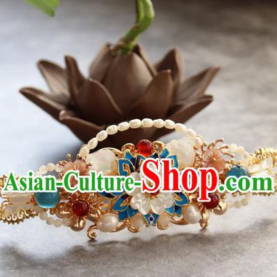 Chinese Ancient Princess Blueing Lotus Pearls Hairpins Traditional Handmade Hanfu Hair Accessories for Women