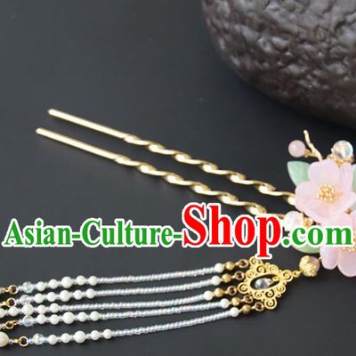Chinese Ancient Princess Pink Flowers Tassel Hairpins Traditional Handmade Hanfu Hair Accessories for Women