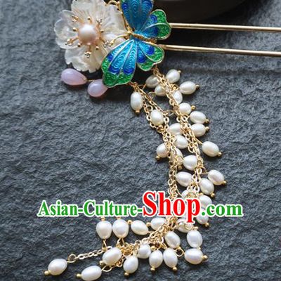 Chinese Ancient Princess Blueing Butterfly Beads Tassel Hairpins Traditional Handmade Hanfu Hair Accessories for Women