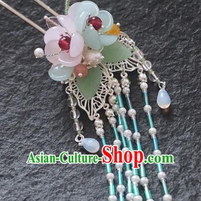 Chinese Ancient Princess Blue Beads Tassel Hairpins Traditional Handmade Hanfu Hair Accessories for Women