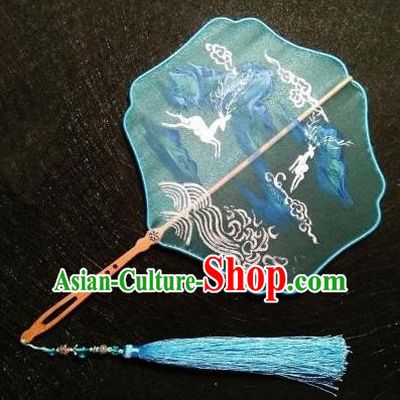 Chinese Ancient Court Embroidered Green Palace Fans Traditional Hanfu Wedding Silk Fan for Women