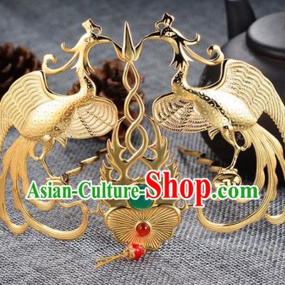 Chinese Ancient Princess Phoenix Hair Crown Golden Hairpins Traditional Handmade Hanfu Hair Accessories for Women