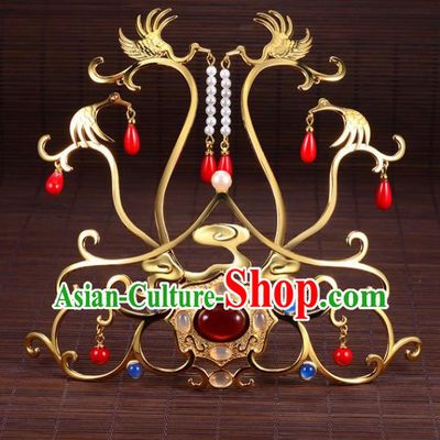 Chinese Ancient Princess Golden Crane Tassel Hair Crown Hairpins Traditional Handmade Hanfu Hair Accessories for Women
