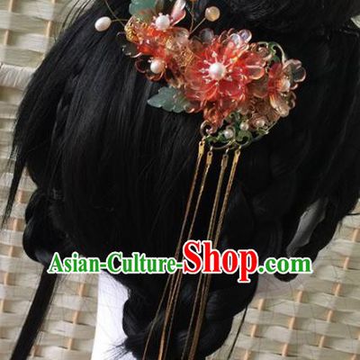Chinese Ancient Princess Red Peony Tassel Hair Claw Hairpins Traditional Handmade Hanfu Hair Accessories for Women
