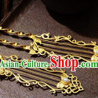Ancient Chinese Ming Dynasty Princess Pearl Golden Hairpins Traditional Hanfu Court Hair Accessories for Women