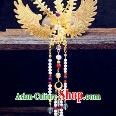 Ancient Chinese Ming Dynasty Princess Golden Hairpins Phoenix Tassel Step Shake Traditional Hanfu Court Hair Accessories for Women