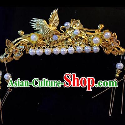 Chinese Ancient Princess Golden Crane Tassel Hair Comb Hairpins Traditional Handmade Hanfu Hair Accessories for Women